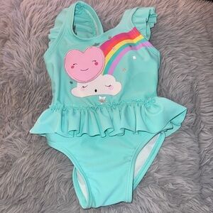 Sol Swim one piece swim. 3/6 months. EUC. Mint green  with graphic.
